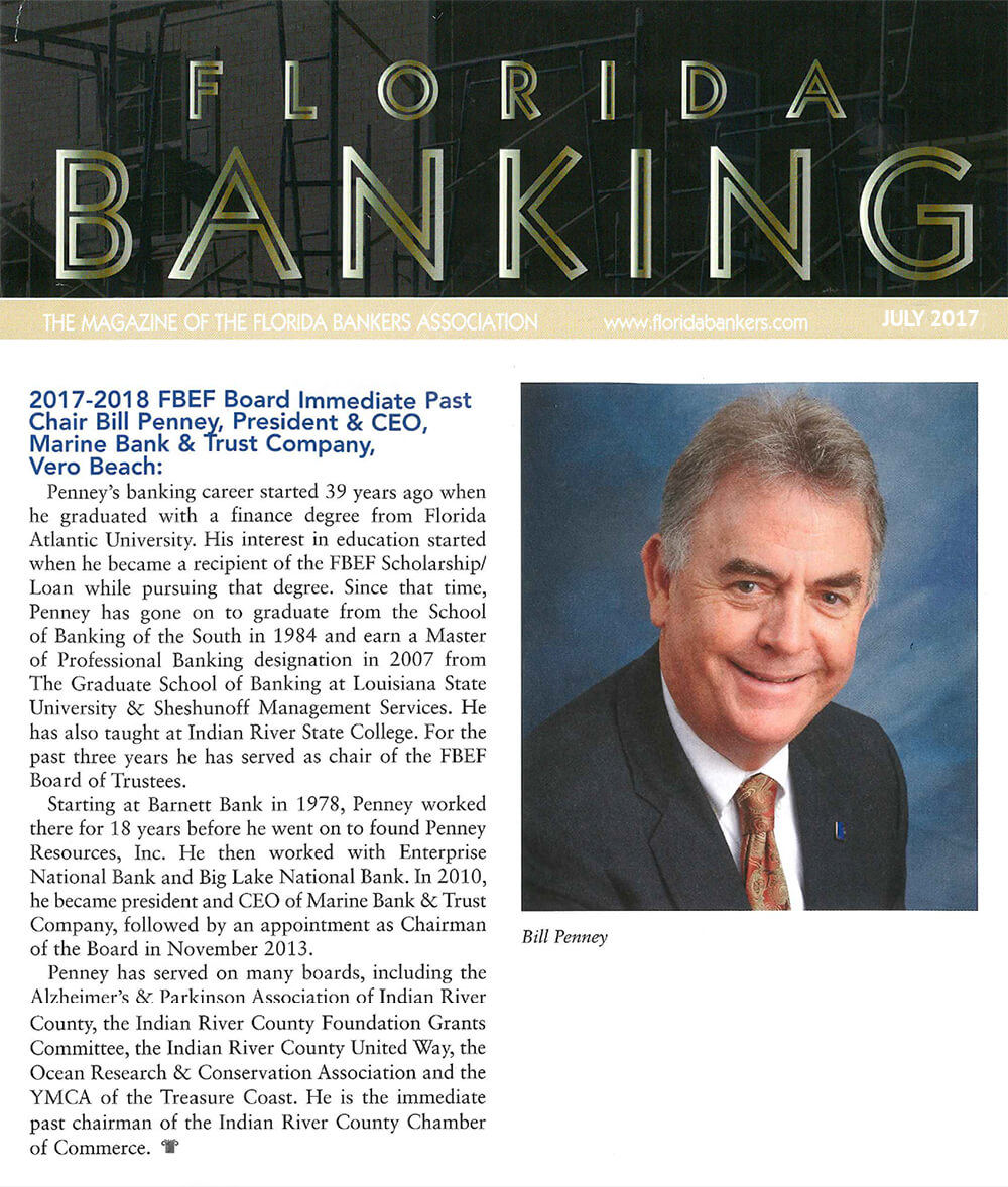 Florida Banking Masthead and an article about Bill Penney, President & CEO of Marine Bank & Trust in Vero Beach, Florida