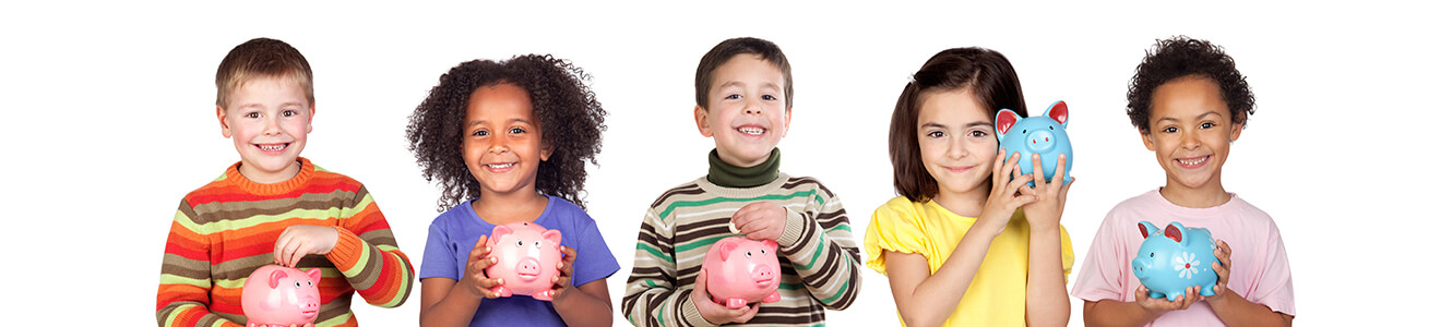 Five children - all holding piggy banks.