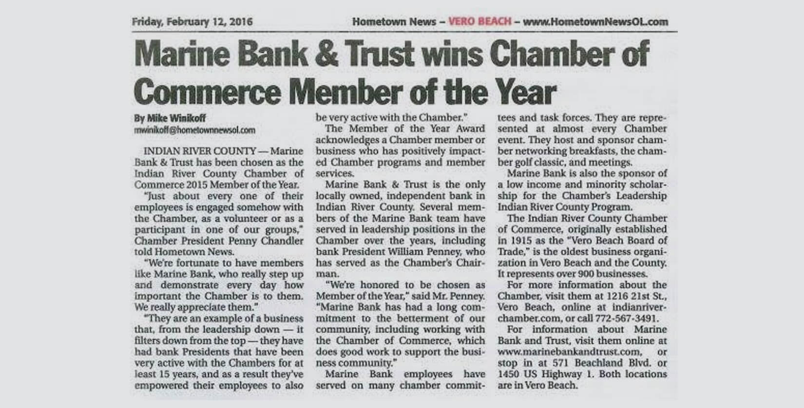 Marine Bank & Trust wins Chamber of Commerce Member of the Year
