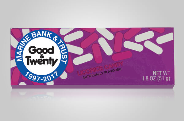 An image of a box of candy with the words Good & Twenty on it.